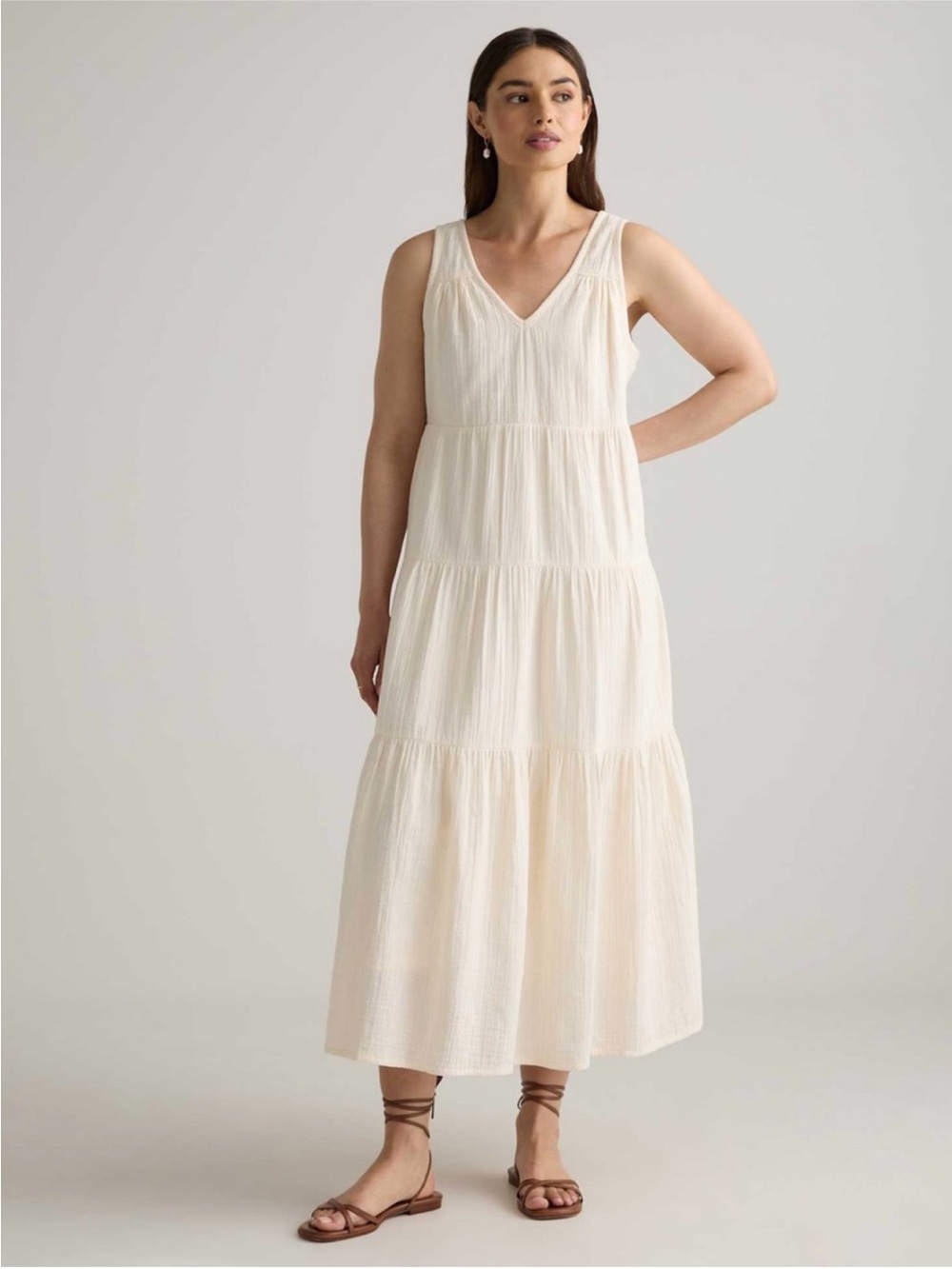 Quince Organic Cotton Gauze Tiered V-Neck Maxi Cream Dress Size Large New